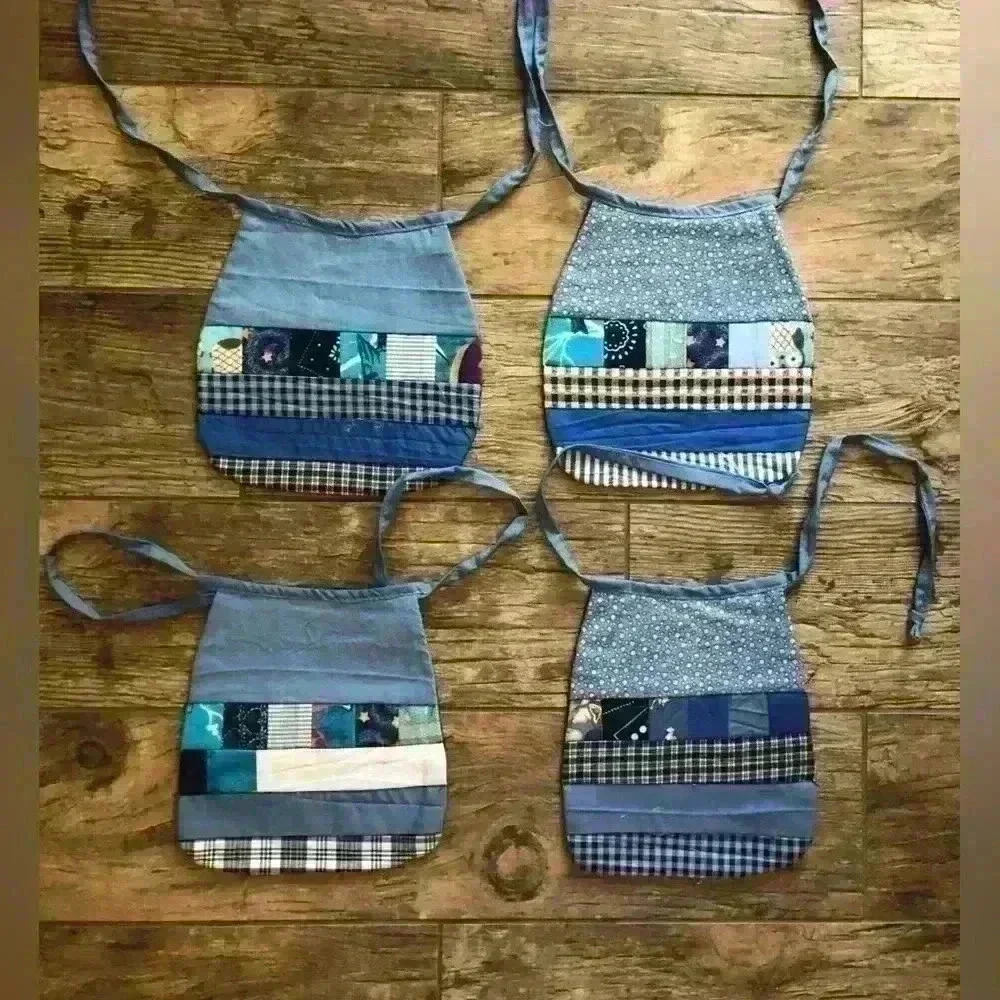 LOT OF 4 BABY BOY DENIM UPCYCLED MATERIAL QUILT BIBS
